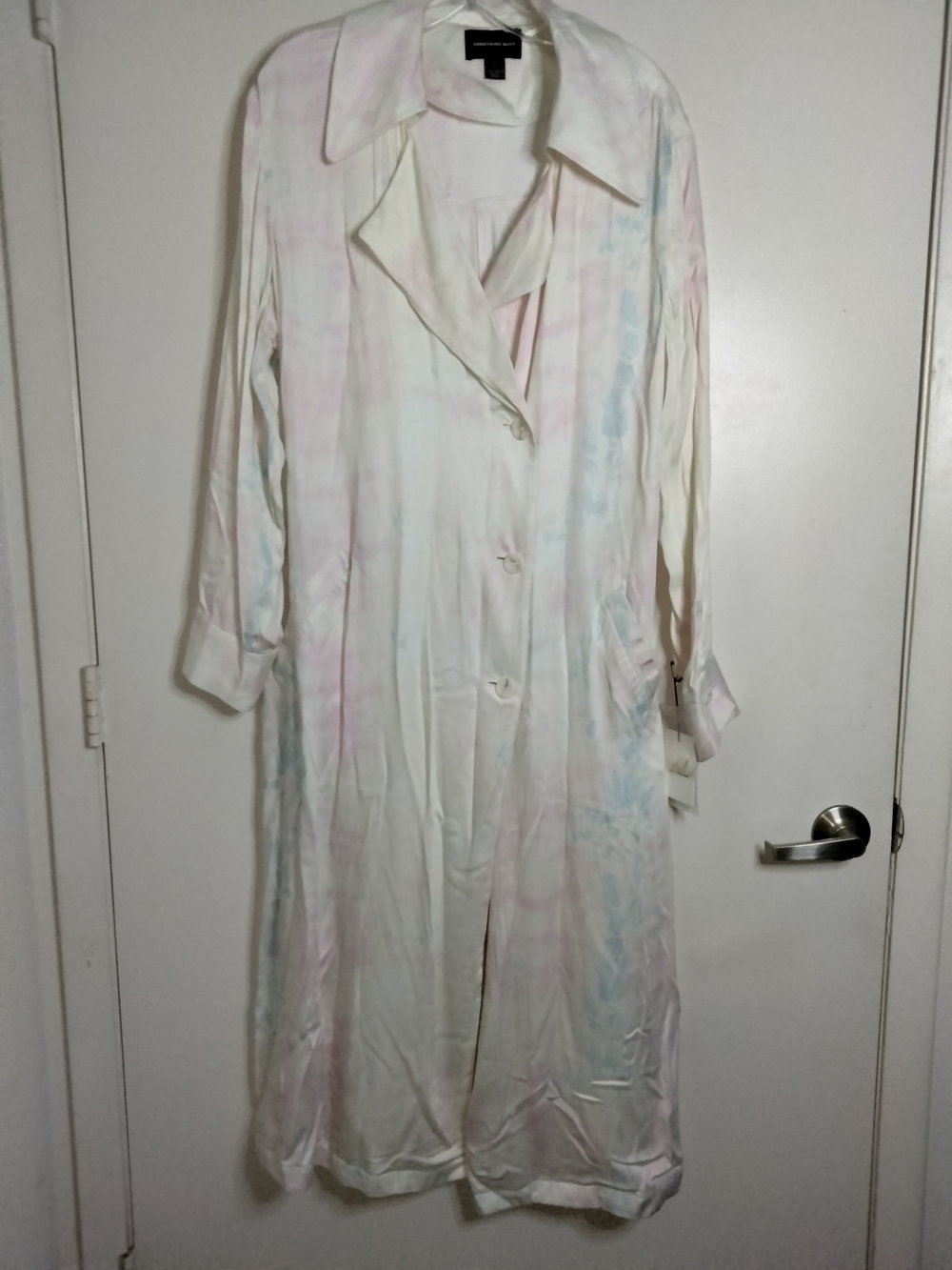 Something Navy -Sz L- Pastel Tie-Dye Rayon Longline Duster Trench Coat (NEW-NWT)